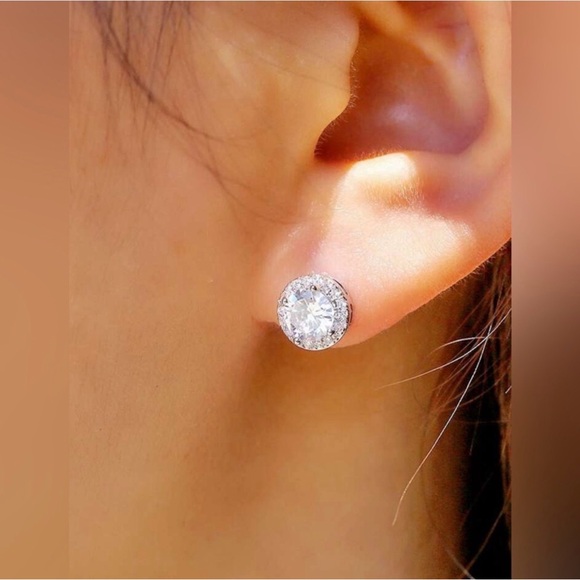 Round Crystal Halo CZ Faux Diamond Silver Earrings Affordable Luxury Earrings - Picture 2 of 11